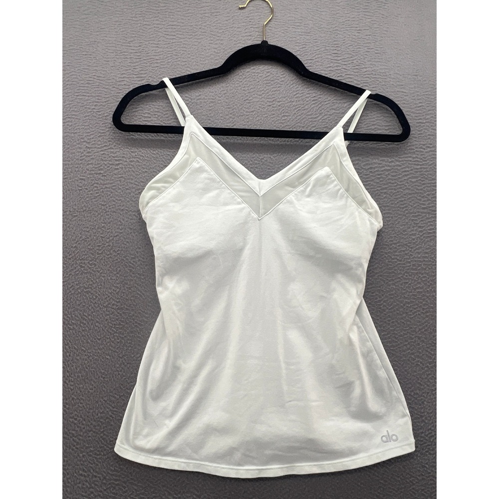 Alo Yoga Tank Top Womens M White Mesh Trim V-Neck Cami with Built-in Shelf Bra